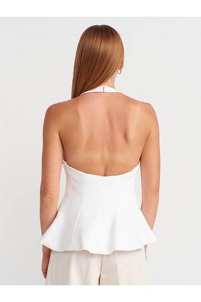 Dilvin 50887 Halter Neck Peplum Top-Ecru