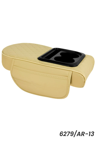 Generic Car Armrest Cushion with Cup Holder 6279/AR-13 PU Leather Memory Foam Console Organizer Beige