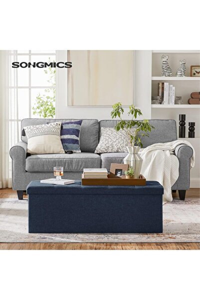 SONGMICS Folding stool with soft seat, 131 liters of storage space, maximum 300kg, 110x38x38cm, blue
