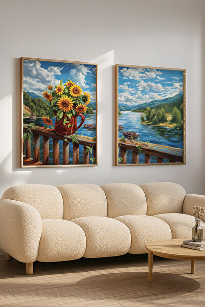 STARYUNA Ahşap Çerçeveli Ayçiçeği ve Doğa Manzaralı Yağlıboya Efektli İkili Tablo Seti, Derkorasyon Yuna325