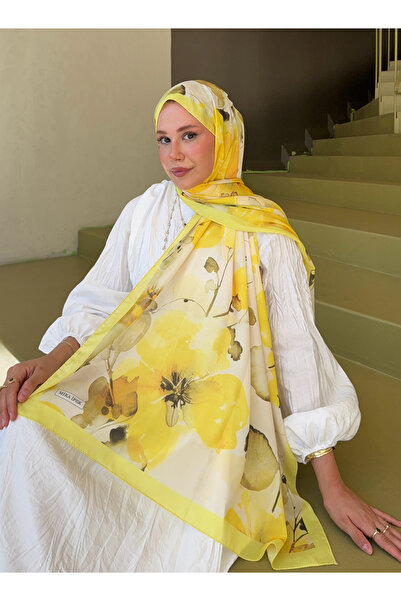 Mira İpek Fransız İpeği Desenli Dökümlü Şal Sarı