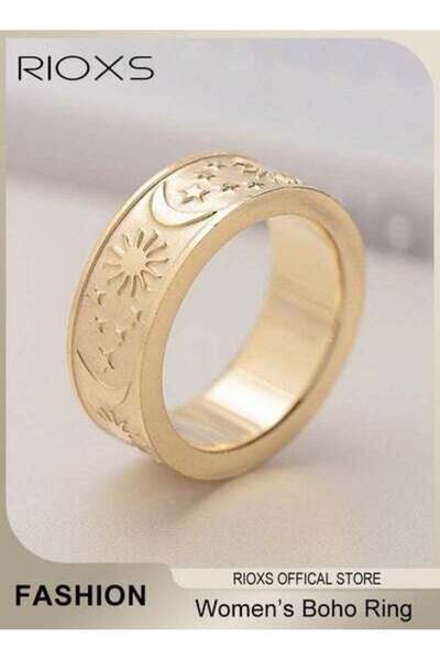RIOXS 8mm Moon Star Sun Statement Ring Stainless Steel Boho Jewelry for Women