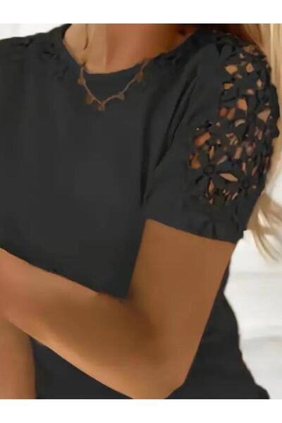 modamtn Women's Short Sleeve Crew Neck Sleeves Floral Guipure Detail Viscose Blouse