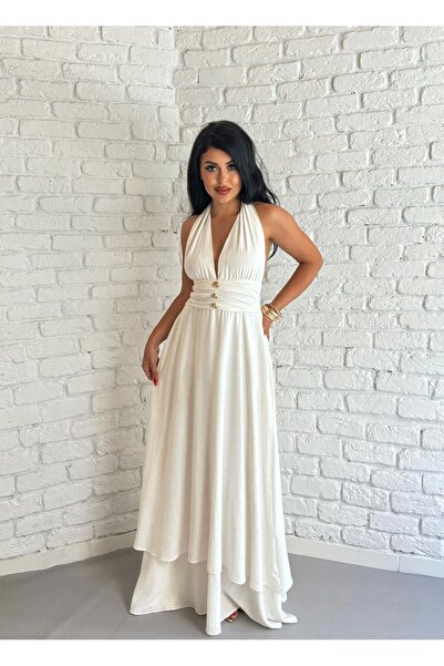 moneta boutique Γυναικείο μακρύ φόρεμα με λαιμόκοψη και χρυσή λεπτομέρεια