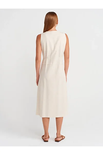 Dilvin 90922 V-Neck Sleeveless Dress-Ecru