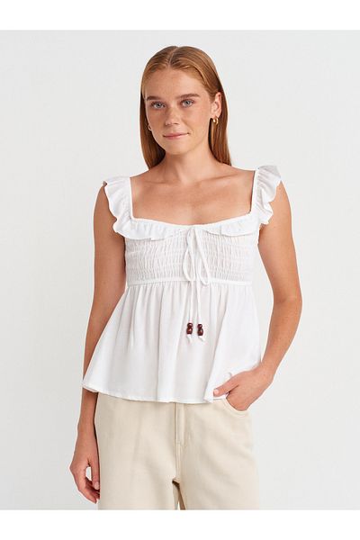 Dilvin 50873 Ruffled Blouse-White