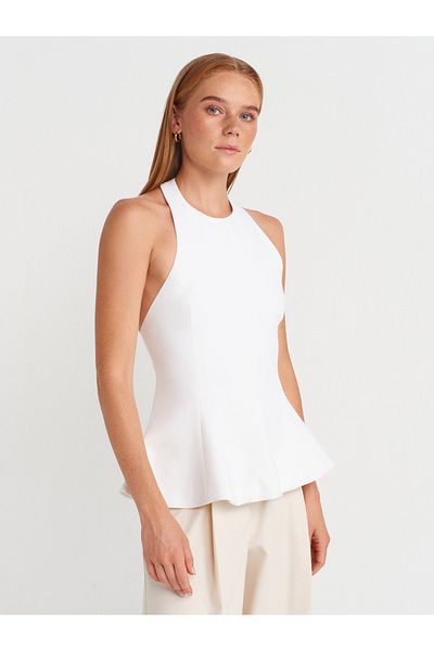 Dilvin 50887 Halter Neck Peplum Top-Ecru