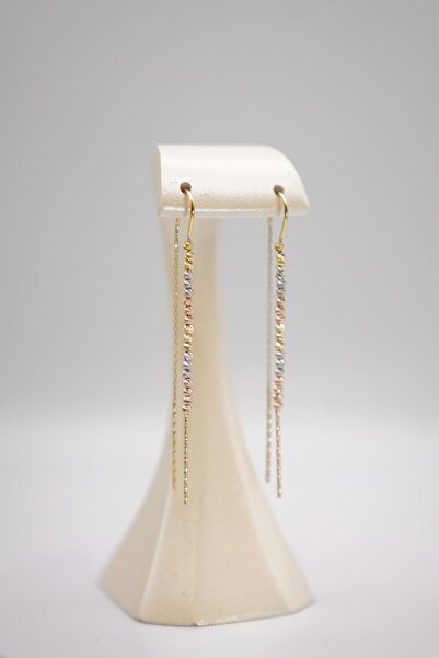 ERMİRGOLD 14 Ayar Altın Üç Renkli Dorika Zincir Küpe–Uzun Zarif Tasarım Şık Kadın Küpe Modeli