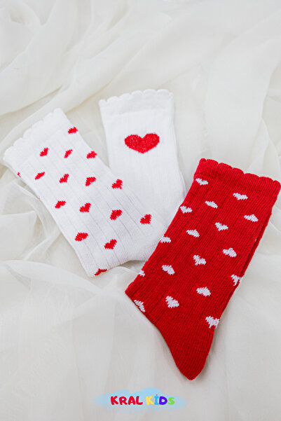 KRAL SOCKS 3 Pairs Boxed Heart Patterned Baby Socks - Long Cotton Socks Set / 6-18 Months