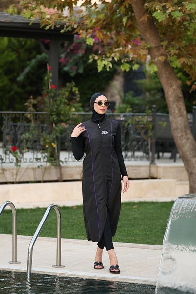 NS TASARIM MAYO Vera Model Purple Striped Stone Detailed Design Hijab Double Swimsuit Set