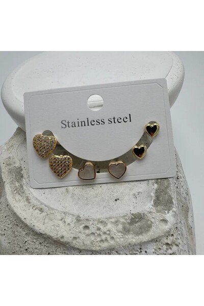 TAKIŞINA Steel Gold Set 3 Pairs Heart Earrings - Gold