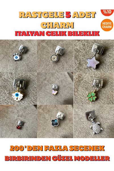 Lav Aksesuar Rastgele İtalyan Çelik Bileklik Charmı 5li Hediyeli(Sadece 5 Adet Charm ve Hediye)