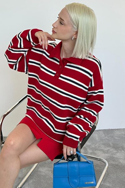 Madmext Kırmızı Polo Yaka Çizgili Kadın Triko Kazak Mg2469
