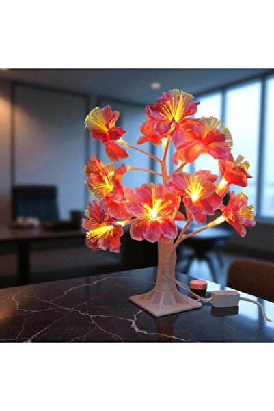 Kuzey Tacı Kırmızı Çiçekli LED Fiber Optik Masa Ağacı - Dekoratif Aydınlatmal...