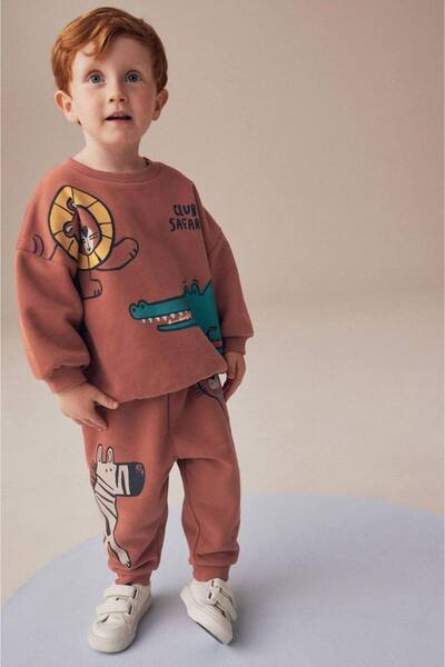 KidsSel New Season Boy's Crocodile Printed 3 Thread Non-Raised Cotton Bottom and Top Set