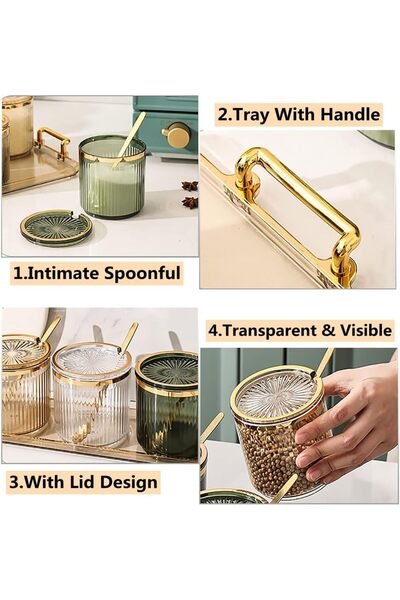 COOYA 3 Pack Clear Acrylic Condiment Spice Jars,Condiment Spice Box With Lids and Spoons and Tray,360ML