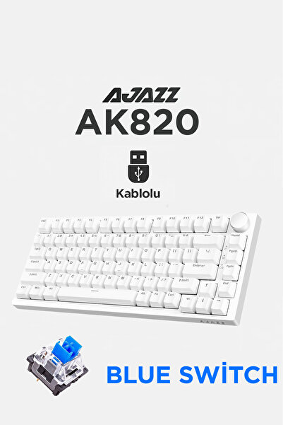 Ajazz AK820 Kablolu Mekanik Oyun Klavyesi , Mavi Işıklı, Beyaz, 82 Tuş, Hot S...