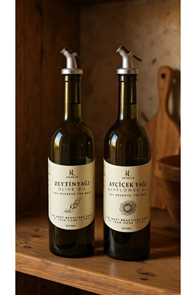 Justyol Set of 2 750 ml Glass Oil Bottles – Olive Oil & Sunflower Oil Bottle with Metal Lid with Label