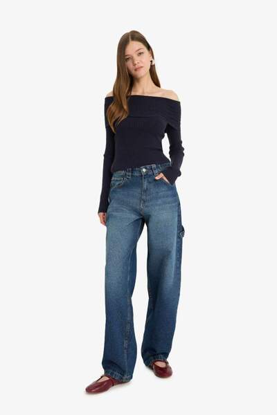 DeFacto Cool Slim Fit Тънък Крой Открити Рамене Трико Плетен Пуловер B6537AX23WN