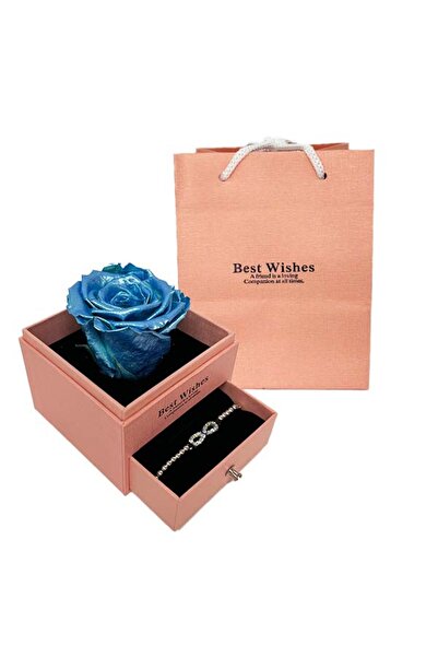 OEM Trandafir criogenat în cutie de culoarea somonului cu sertar, brățară și pungă cadou, albastru metalizat