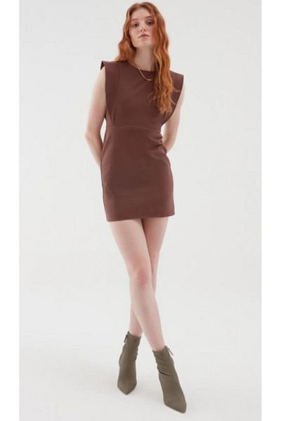 Quzu Flounce Gabardine Dress Brown