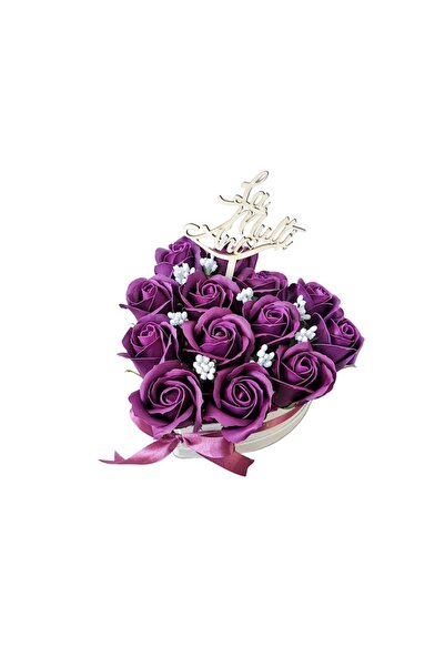 dady Aranjament floral cu 13 trandafiri din sapun indigo, DADY, in cutie inima alba si tablita cu mesajul