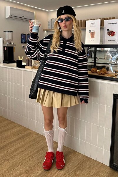 Madmext Siyah Polo Yaka Çizgili Kadın Triko Kazak Mg2469