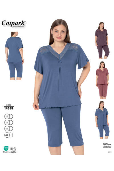 Cotpark Women's Plus Size Viscose Elastane Fabric Short Sleeve Capri Suit 14688