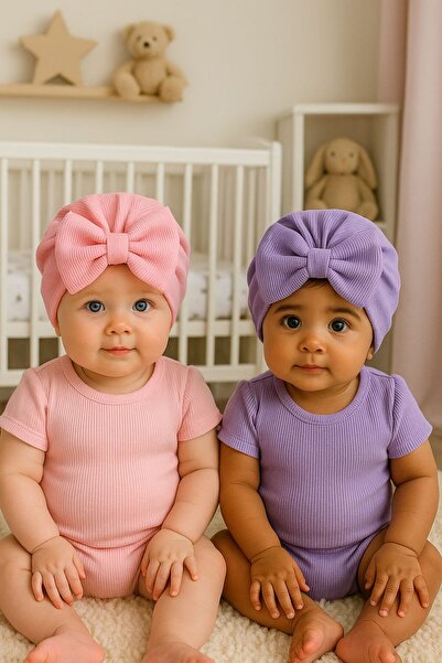 Pico Baby Fiyonklu Çift Kat Bebek Bone 2'li Set- Pembe/Mor