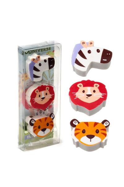 Puckator Set 3 Gume de șters Zooniverse, pentru școală, design animale sălbatice