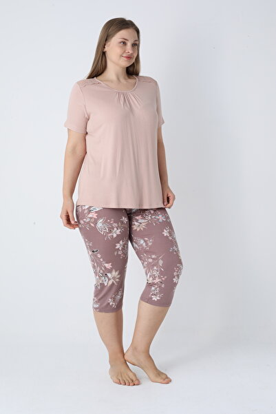 Cotpark Women's Plus Size Viscose Elastane Fabric Short Sleeve Capri Suit 14677