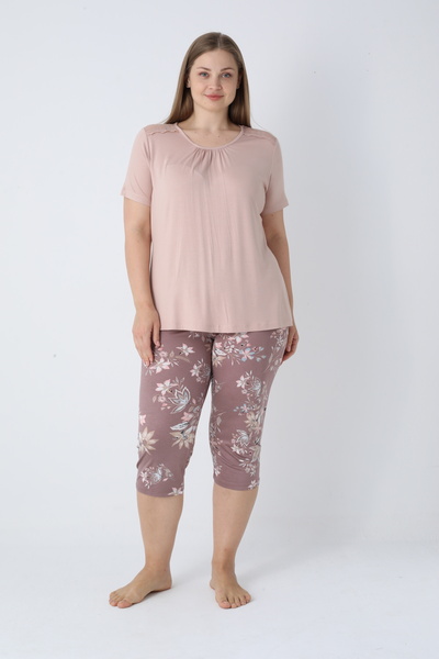 Cotpark Women's Plus Size Viscose Elastane Fabric Short Sleeve Capri Suit 14677