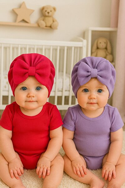 Pico Baby Set de 2 bonete pentru bebeluși cu strat dublu cu fundă - roșu/violet