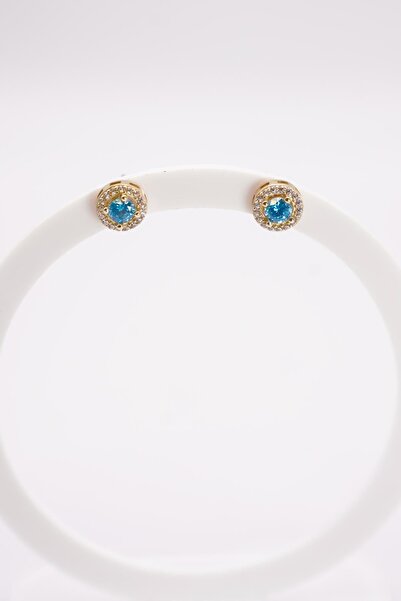 ERMİRGOLD 14 Ayar Altın Mavi Topaz Taşlı Yuvarlak Küpe–Işıltılı Minimal ve Za...