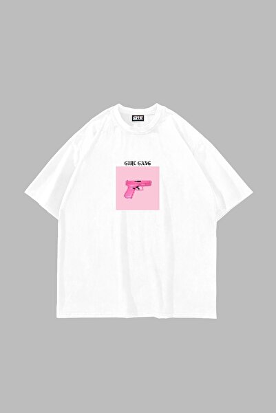 Bak Moda Tricou alb unisex oversize cu imprimeu Girl Gang