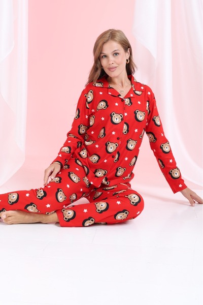 Elit Red Teddy Bear Front Button Winter Suede Velvet Women's Pajama Set