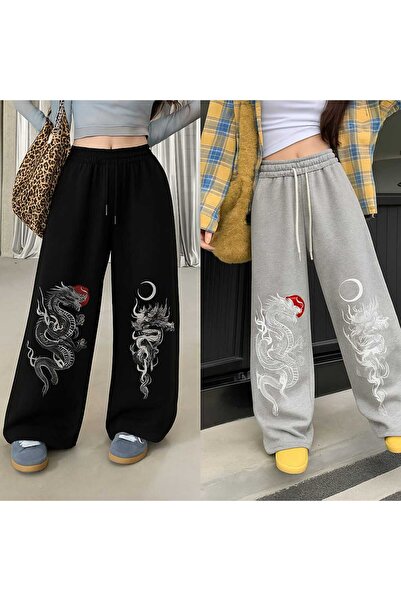 Le Vion بنطال رياضي ذو أرجل واسعة مزدوجة AY DRAGON باللونين الأسود والرمادي