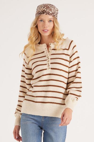 Tudors Women's Regular Fit Classic Cut Button Collar Brown Striped Sweater