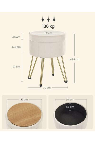 SONGMICS Scaun rotund cu spațiu de depozitare, tapițat cu catifea, 32x39x44 cm, crem