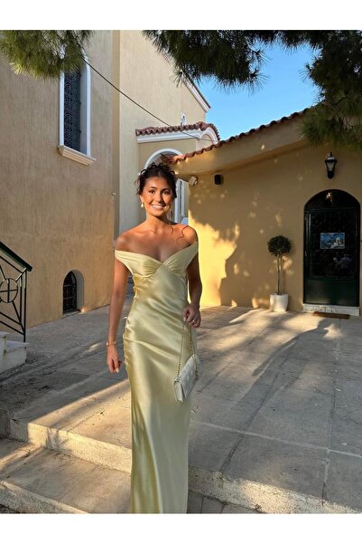 theanemos Butter Yellow Saten Uzun Elbise