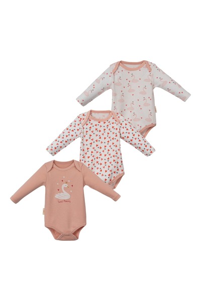 Necix's Kız Bebek 3'lü Uzun Kollu Tulum Seti - Kuğu Ve Kalp Desenli