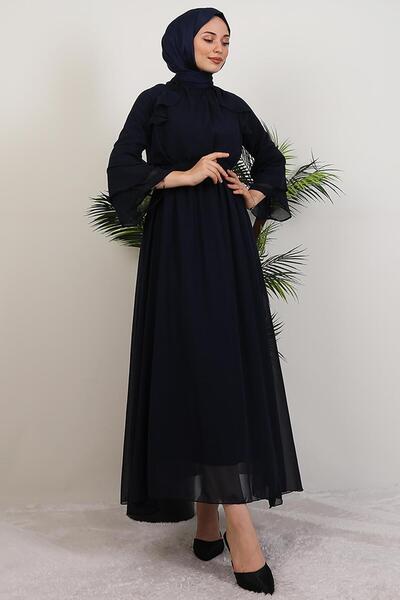 GİYZAMİLA Ruffled Chiffon Dress Navy Blue
