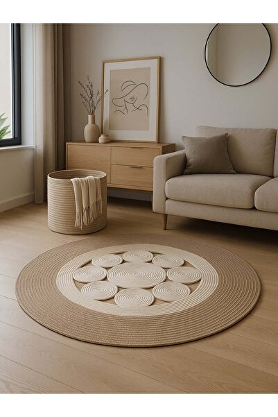 MaVaux Jutella Hasır Krem Ortası Kurabiyeli Jüt Hasır Yuvarlak Modern Salon Banyo Kilim Halı Paspas Yolluk