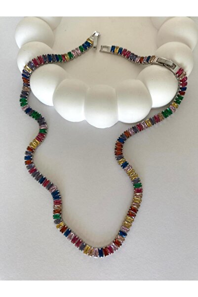 marsel aksesuar قلادة فضية من حجر الزركون الملون على شكل باجيت من الفولاذ