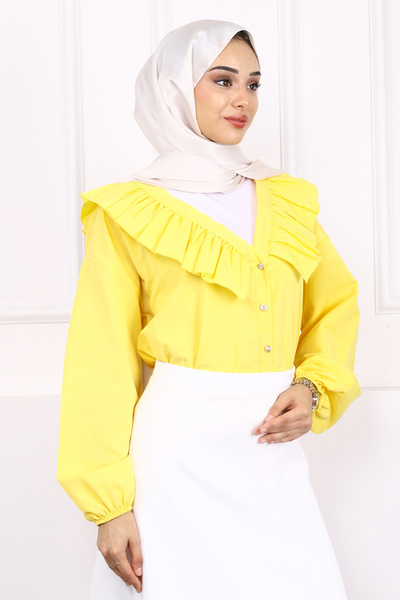 İmajButik Yellow Collar Ruffled Button Shirt
