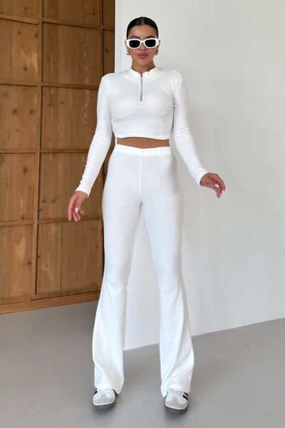 MODAGEN Women's White Half Zip Crop Top with Bottom Pants Set