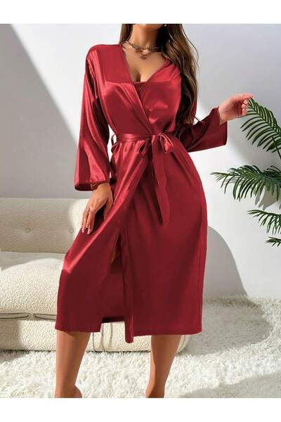 Jermo Women's Satin Degaje Collar Dress Nightwear Set 2 Pack