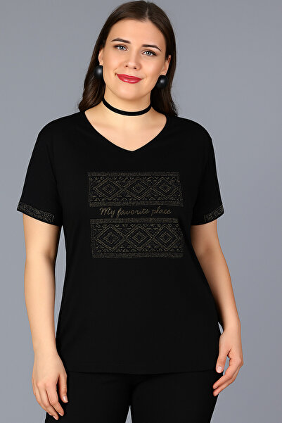 Curvy Trend Plus Size Chest and Sleeve Edge Rug Pattern Short Sleeve Blouse with Stones