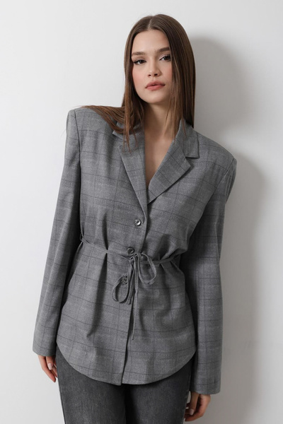 Trendyol Collection Anthracite Plaid Pattern Lace-Up Blazer Jacket Twoaw26Bc00036