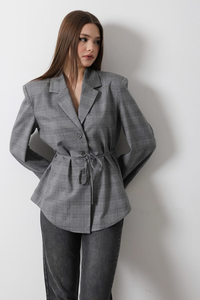 Trendyol Collection Anthracite Plaid Pattern Lace-Up Blazer Jacket Twoaw26Bc00036